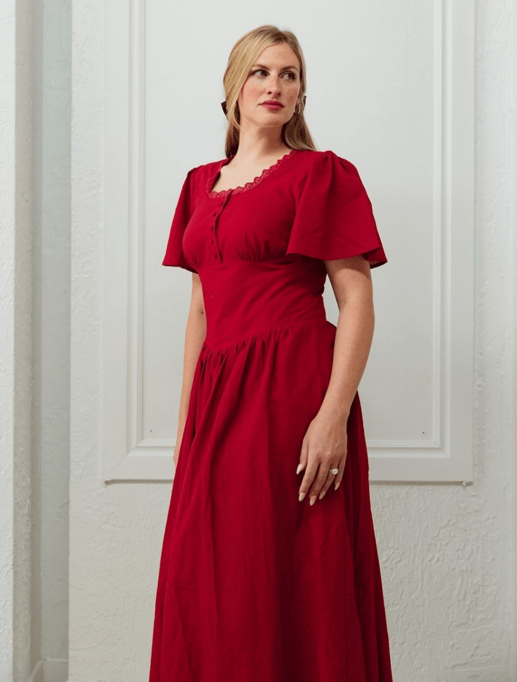 Hymn Dress Cherry Red Cotton Poet Dresses Pockets Summer Cottagecore Prariecore